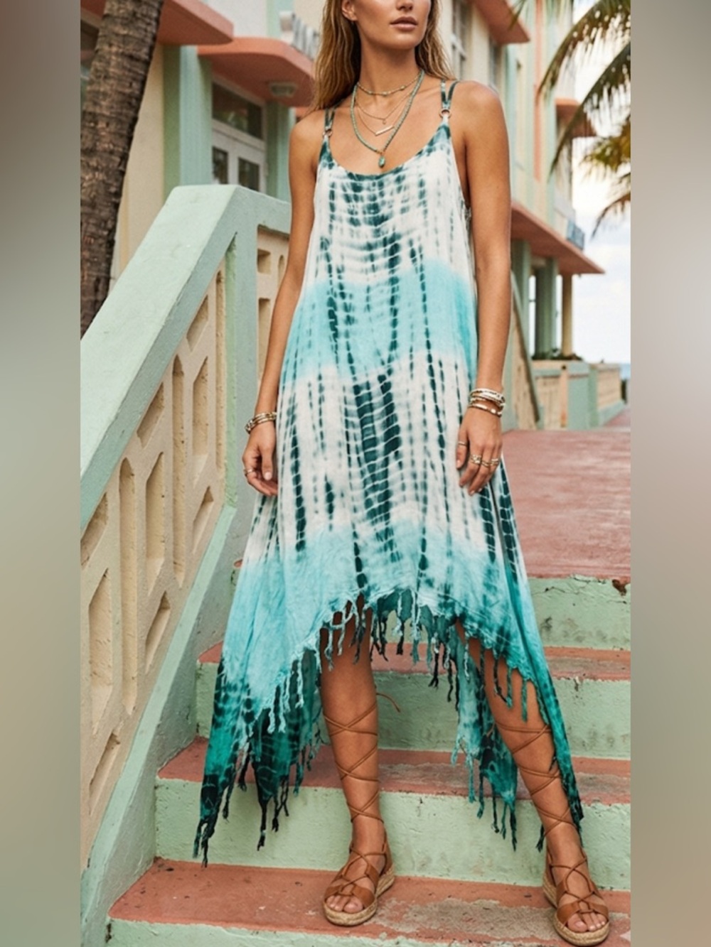BEACH by EXIST Dress One Size Navy Turquoise Tie Dye Hippie Festival Boho